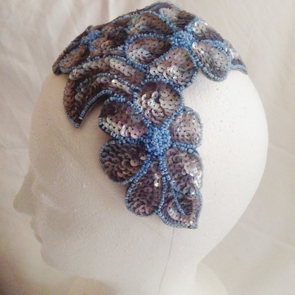 Vintage Fascinator Headband Made in Belgium Navy Grey Sequins Grey woven and beaded vintage hat fascinator | VintageVirtuosa main image 3